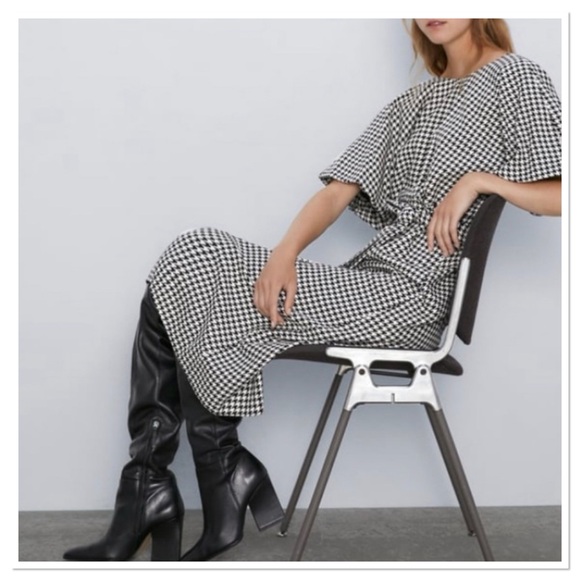 Zara Houndstooth Dress with Puff Sleeves Sz M 100% Cotton Black & White - Picture 7 of 9